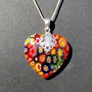 Millefiori Glass Multicolored Heart Sterling Silver Pendant Necklace 18" Chain